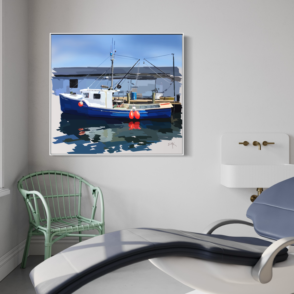 Tied Up — Blue Fishing Boat Canvas Print | Maine Coastal Wall Art