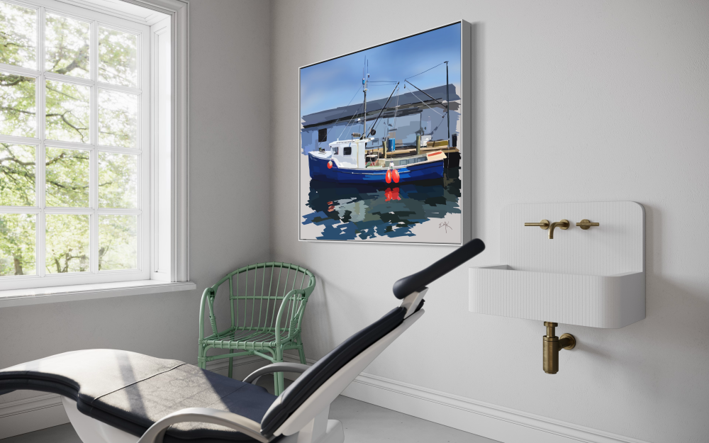 Tied Up — Blue Fishing Boat Canvas Print | Maine Coastal Wall Art