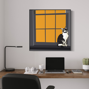 Black & White Cat on Windowsill — Matte Canvas Wall Art