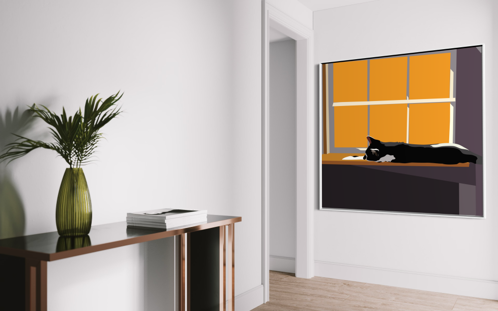 Black & White Cat Stretched in the Sun — Matte Canvas Wall Art