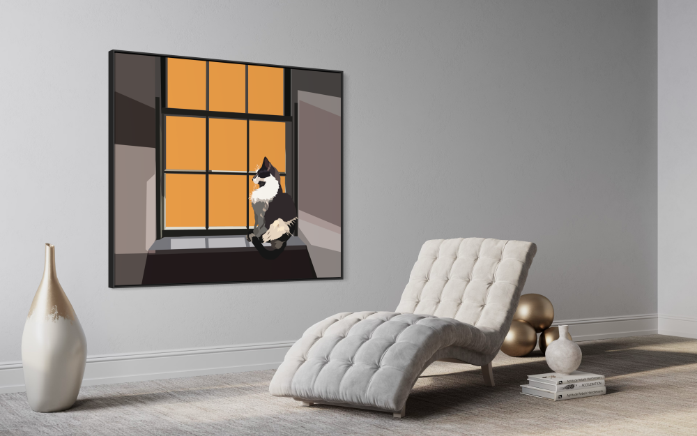 Black & White Cat Watching at the Window — Matte Canvas Wall Art