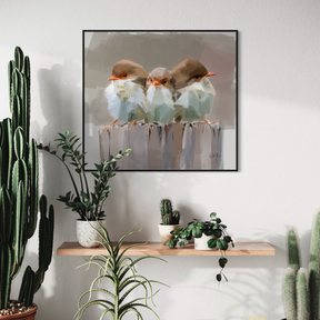 Framed artwork of birds on a branch with a shelf of potted plants below.