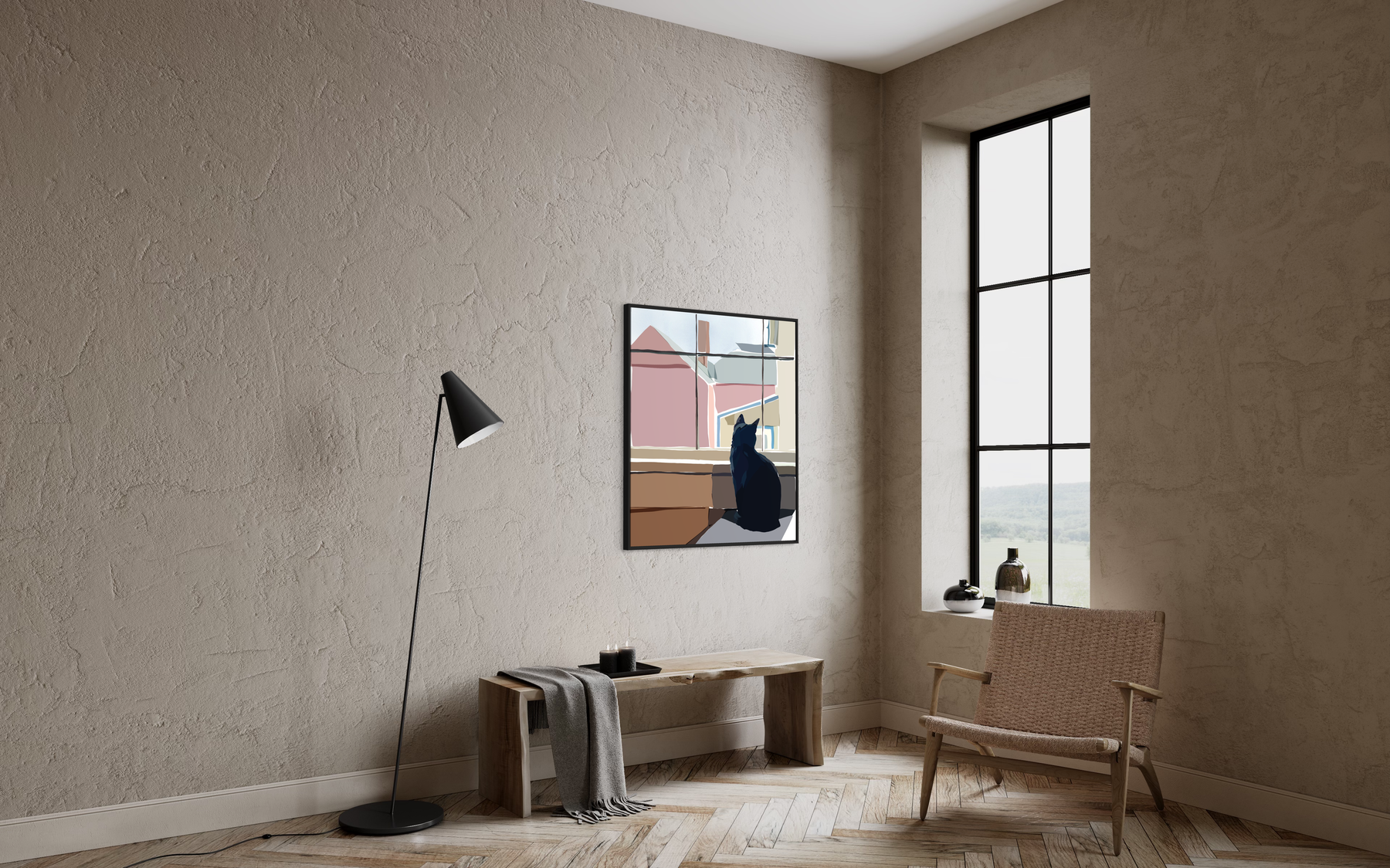 Black Cat in Snowy Window Light — Matte Canvas Wall Art