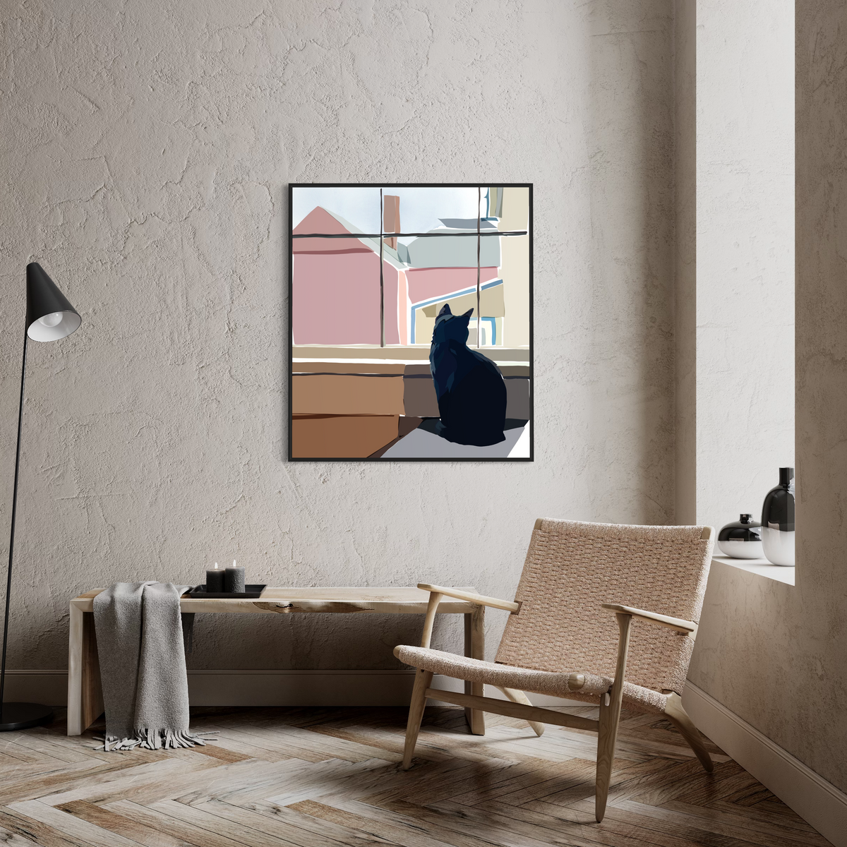 Modern interior with a cat painting on the wall, wicker chair, and lamp.