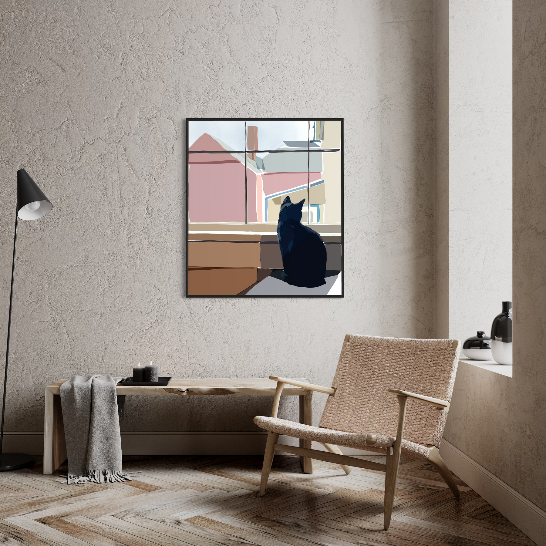 Modern interior with a cat painting on the wall, wicker chair, and lamp.