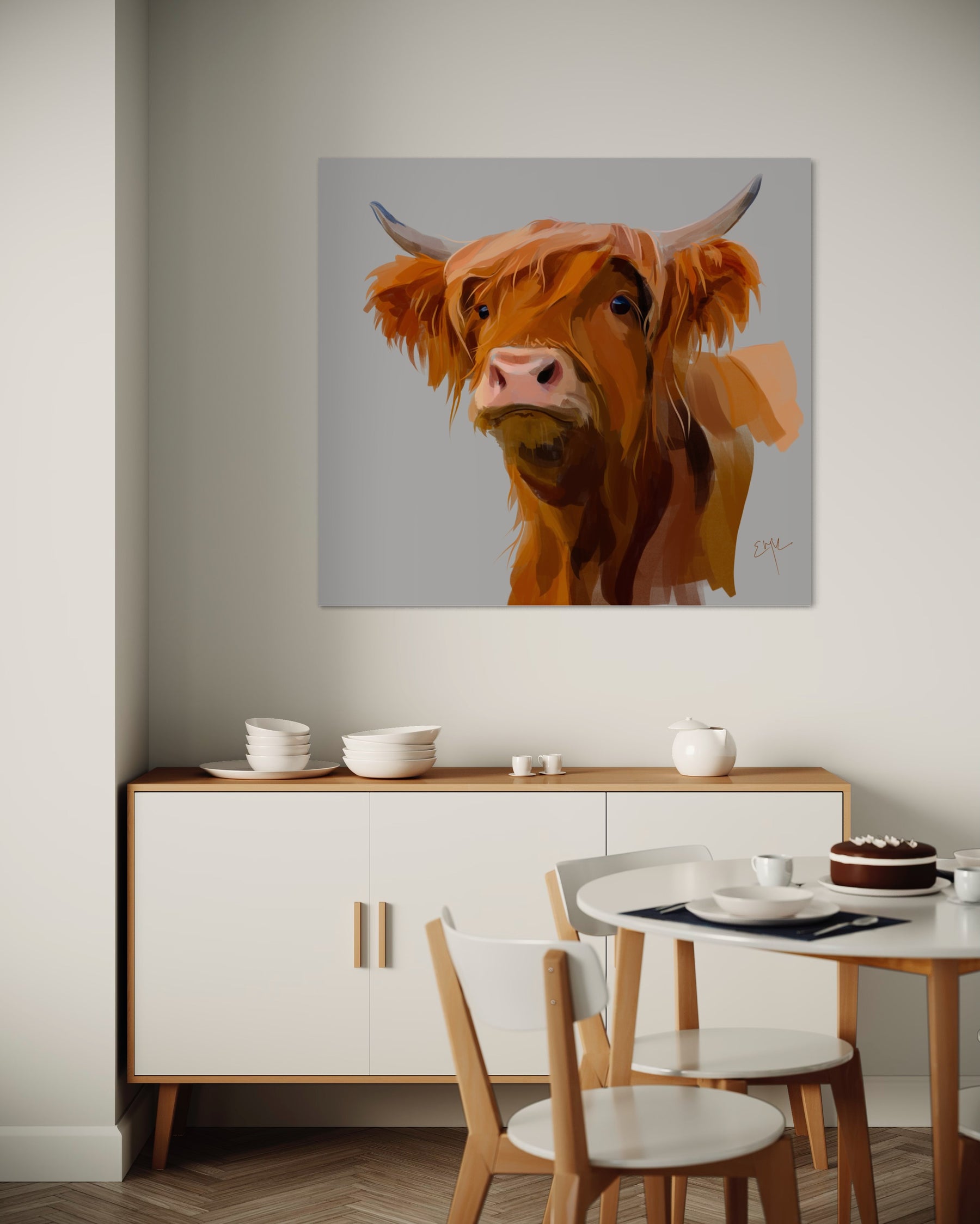 Highland Cow Canvas Print — Rustic Farmhouse Animal Wall Art, Matte Stretched