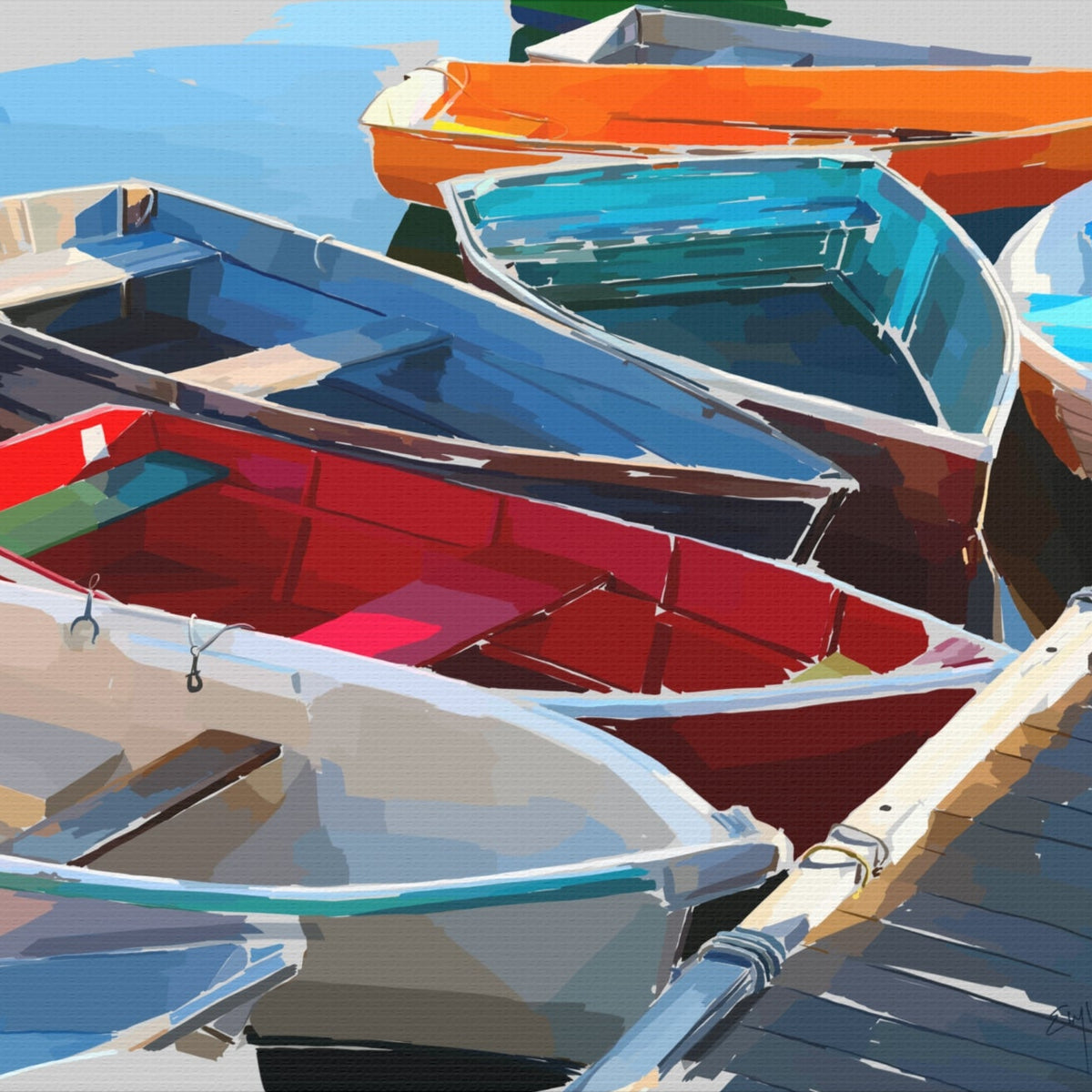 Colorful rowboats docked at a pier with blue water in the background