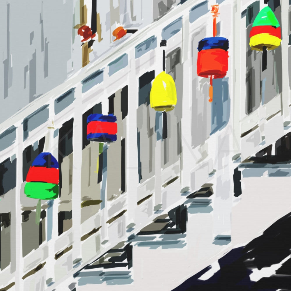 Colorful buoys hanging on a white railing with a gray background