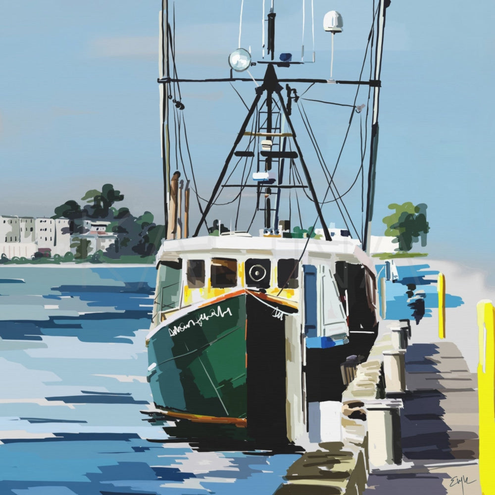 Fishing boat docked at a pier with a clear blue sky and water.