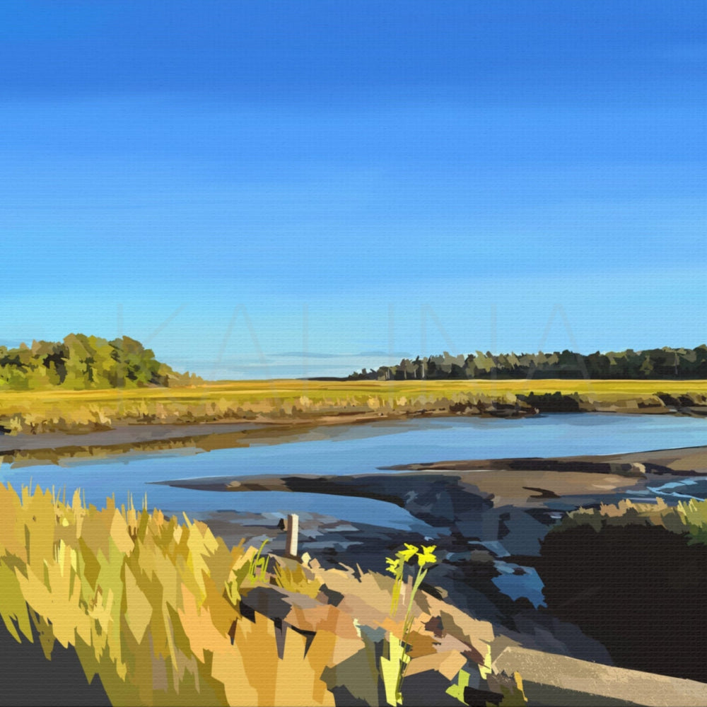 Landscape painting of a marsh with water, grass, and trees under a blue sky.