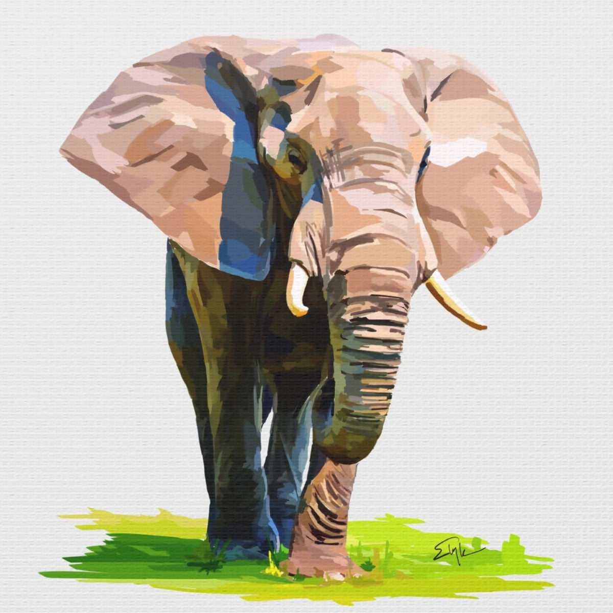 Painting of an elephant on a white background