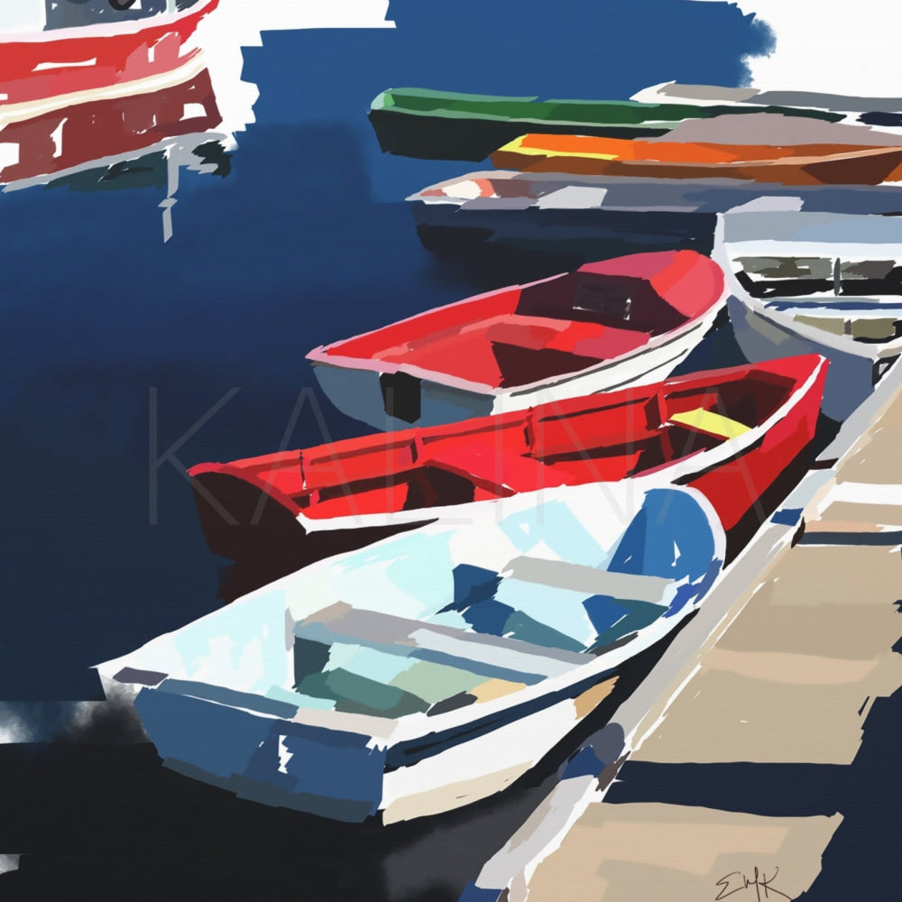Colorful boats on a dock with a blue water background