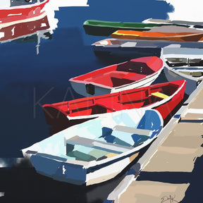 Colorful boats on a dock with a blue water background