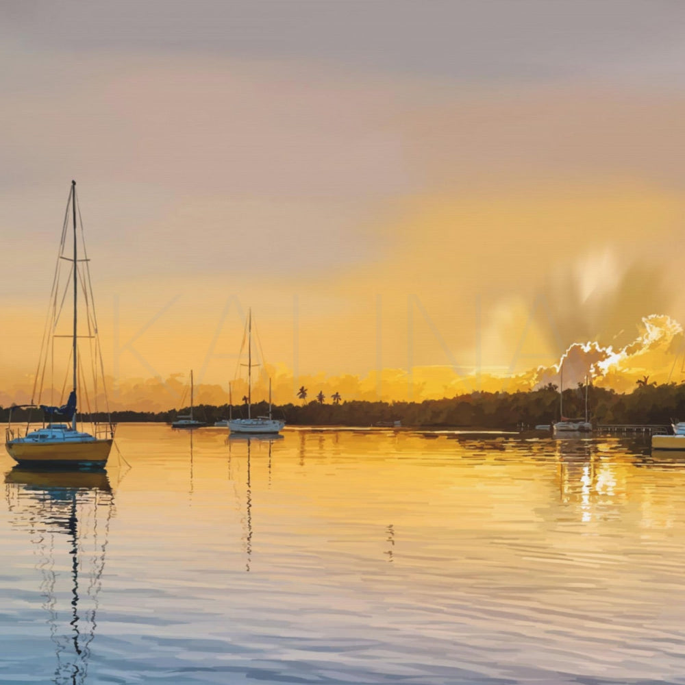 Sailboats on a calm lake with a dramatic sky during sunset or sunrise.