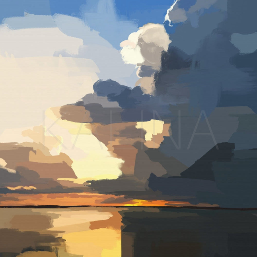 Artistic depiction of a sunset over water with stylized clouds