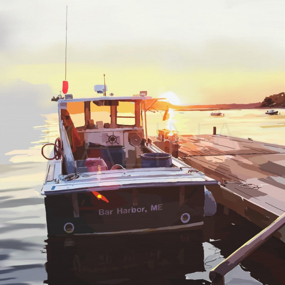 Boat docked at a pier during sunset with 'Bar Harbor, ME' on the side.