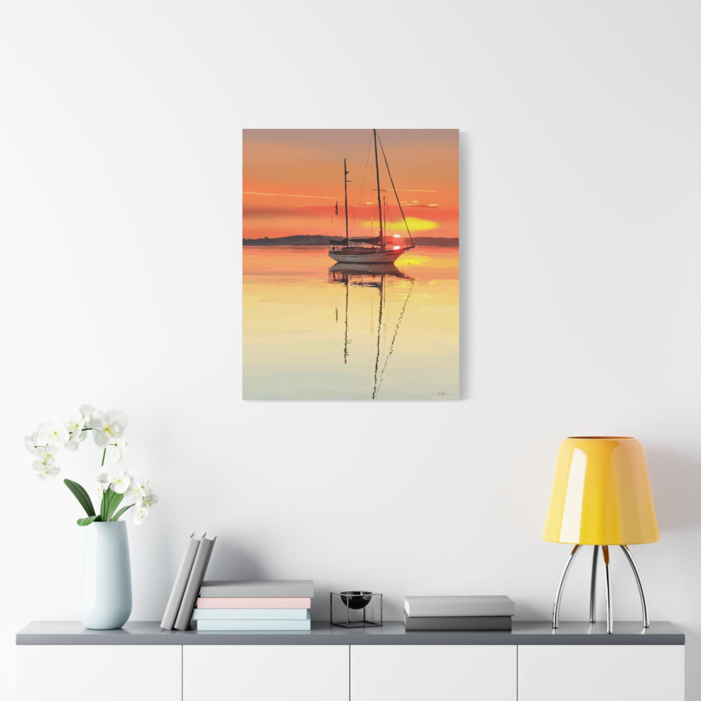 Final Glow — Sailboat at Orange Sunset Canvas Print | Coastal Wall Art