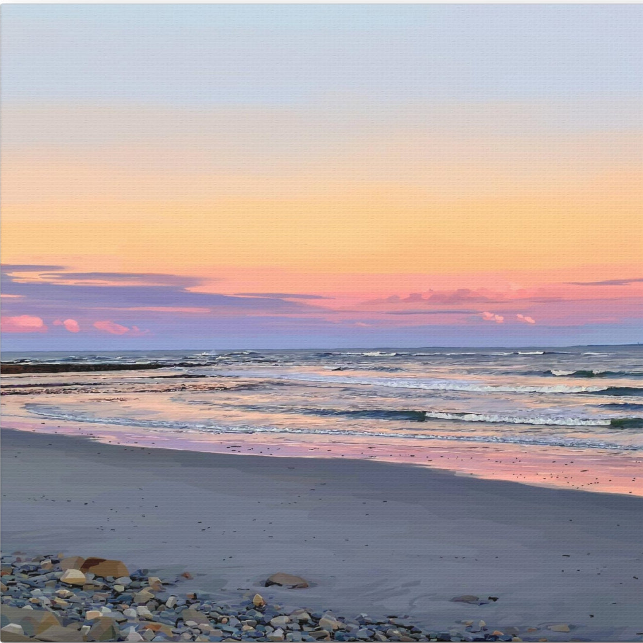 Beach scene with a colorful sunset sky.