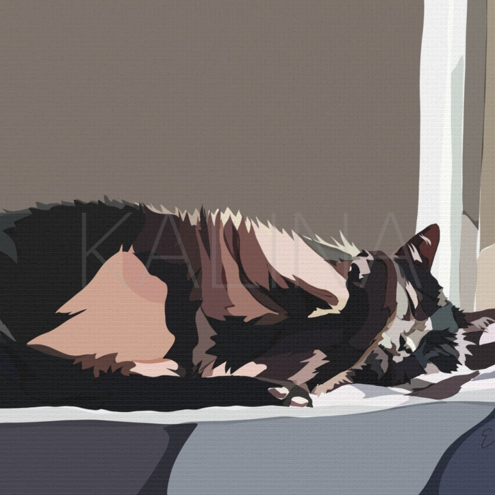 Illustration of a cat lying on a bed with a neutral background
