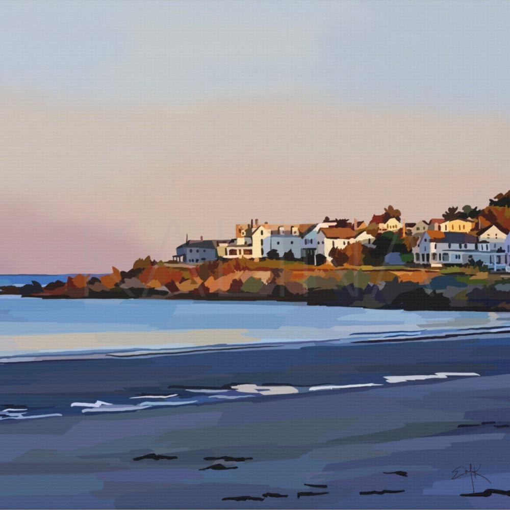 Painting of a coastal scene with houses and a sunset.