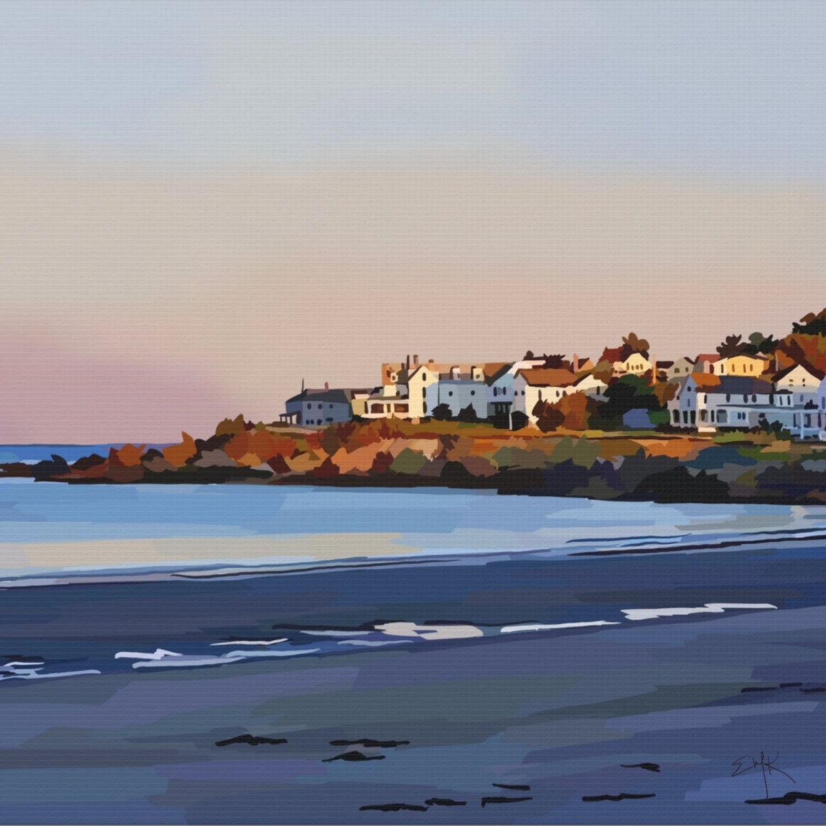 Painting of a coastal scene with houses and a sunset.