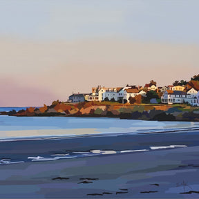 Painting of a coastal scene with houses and a sunset.