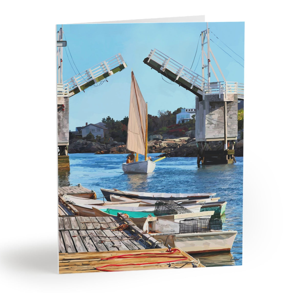 Greeting card with a sailboat and dock scene on a white background