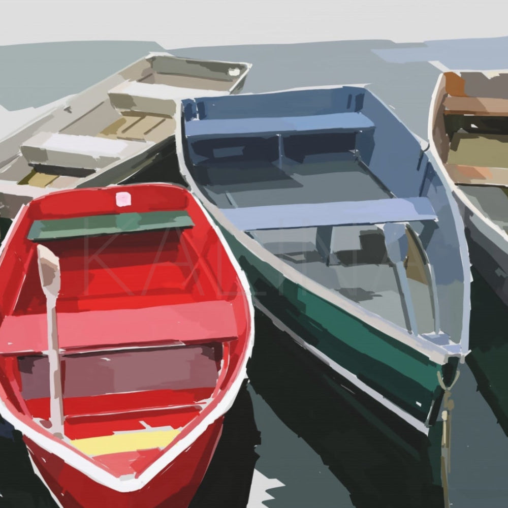 Painting of Four boats of different colors docked in water on a white background | Artist Emily Kalina