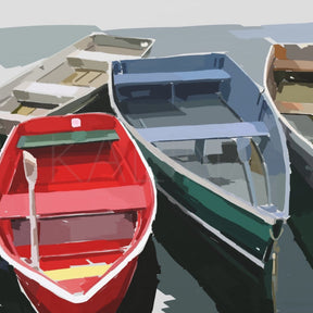 Painting of Four boats of different colors docked in water on a white background | Artist Emily Kalina
