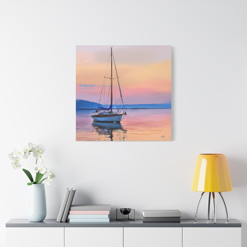 Bar Harbor in Pink - Sailboat at Sunset Matte Stretched Canvas