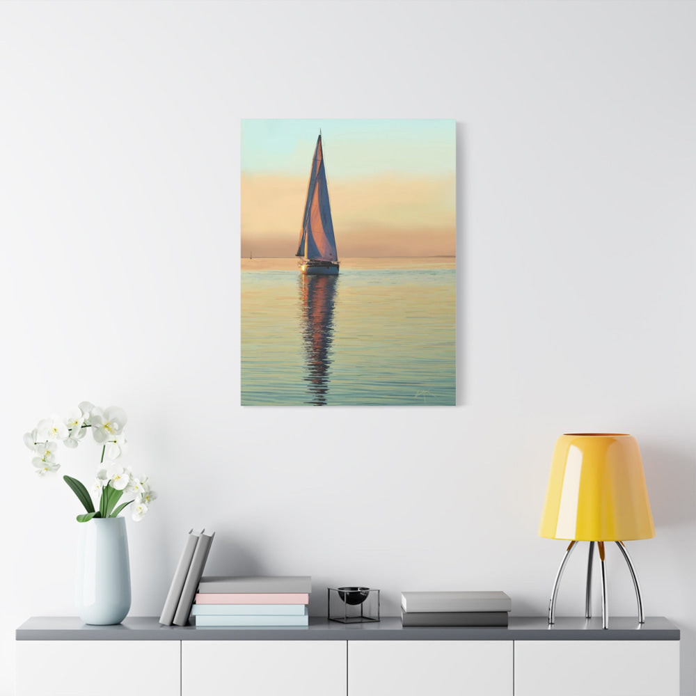 Lone Sail — Sailboat at Sunset Canvas Print | Coastal Seascape Wall Art