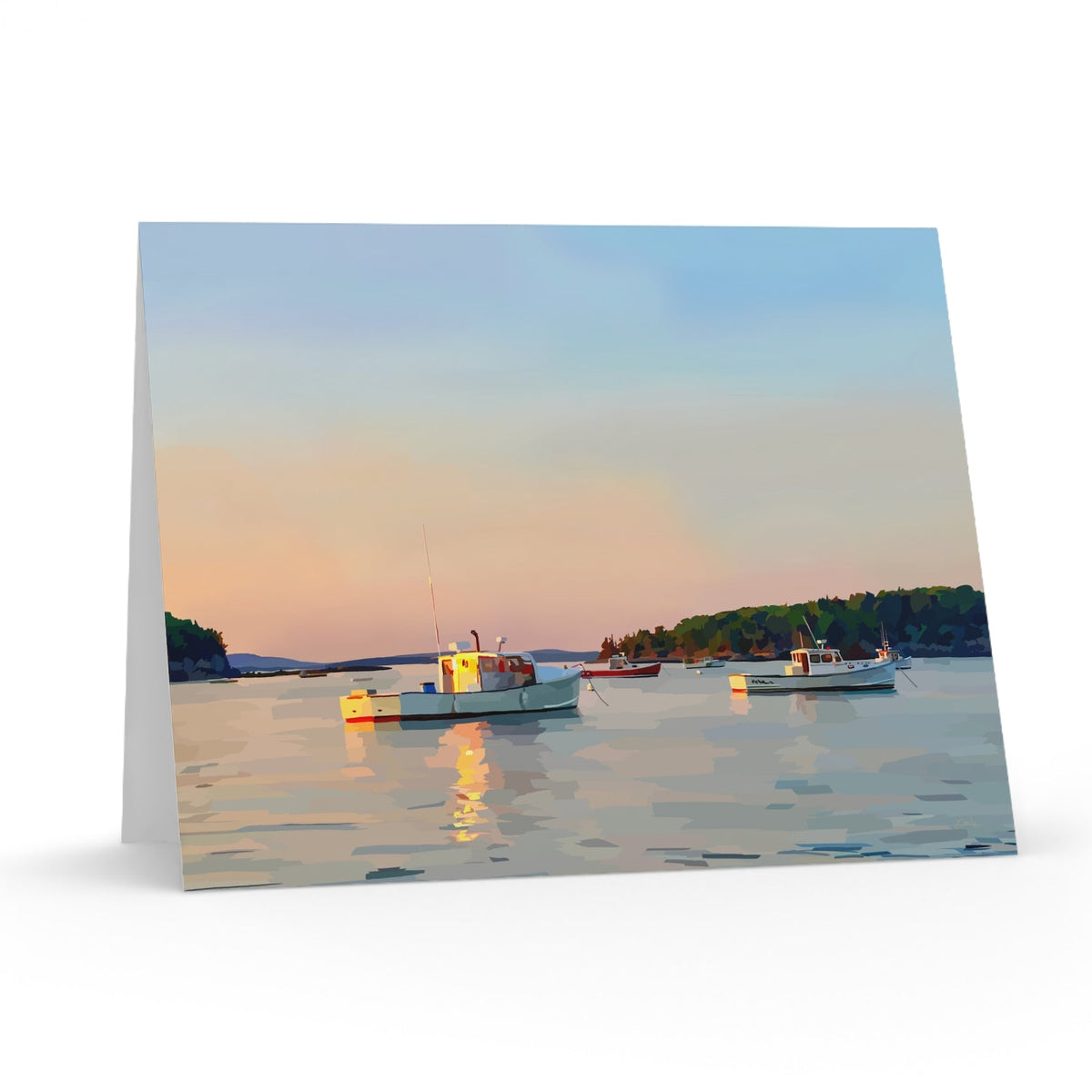 Boats on a calm body of water with a sunset sky