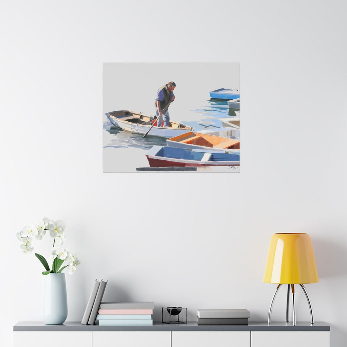 fisherman in harbor matte canvas print by Emily Kalina.