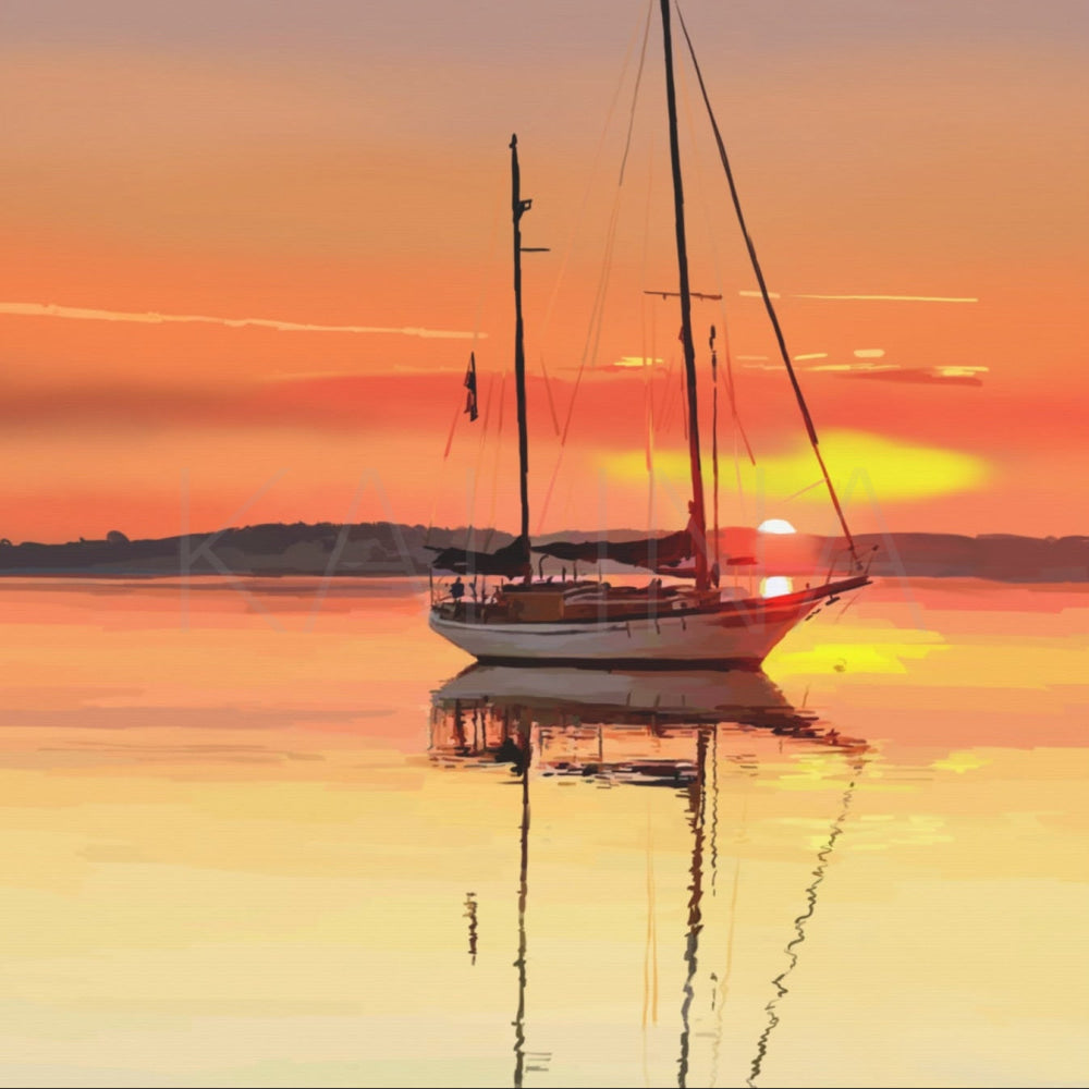 Sailboat on a calm lake at sunset with vibrant orange and pink sky.