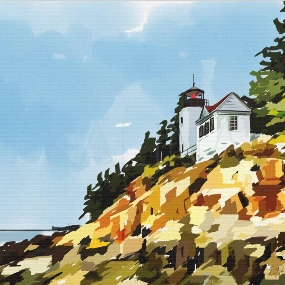 Lighthouse on a rocky cliff with trees against a blue sky