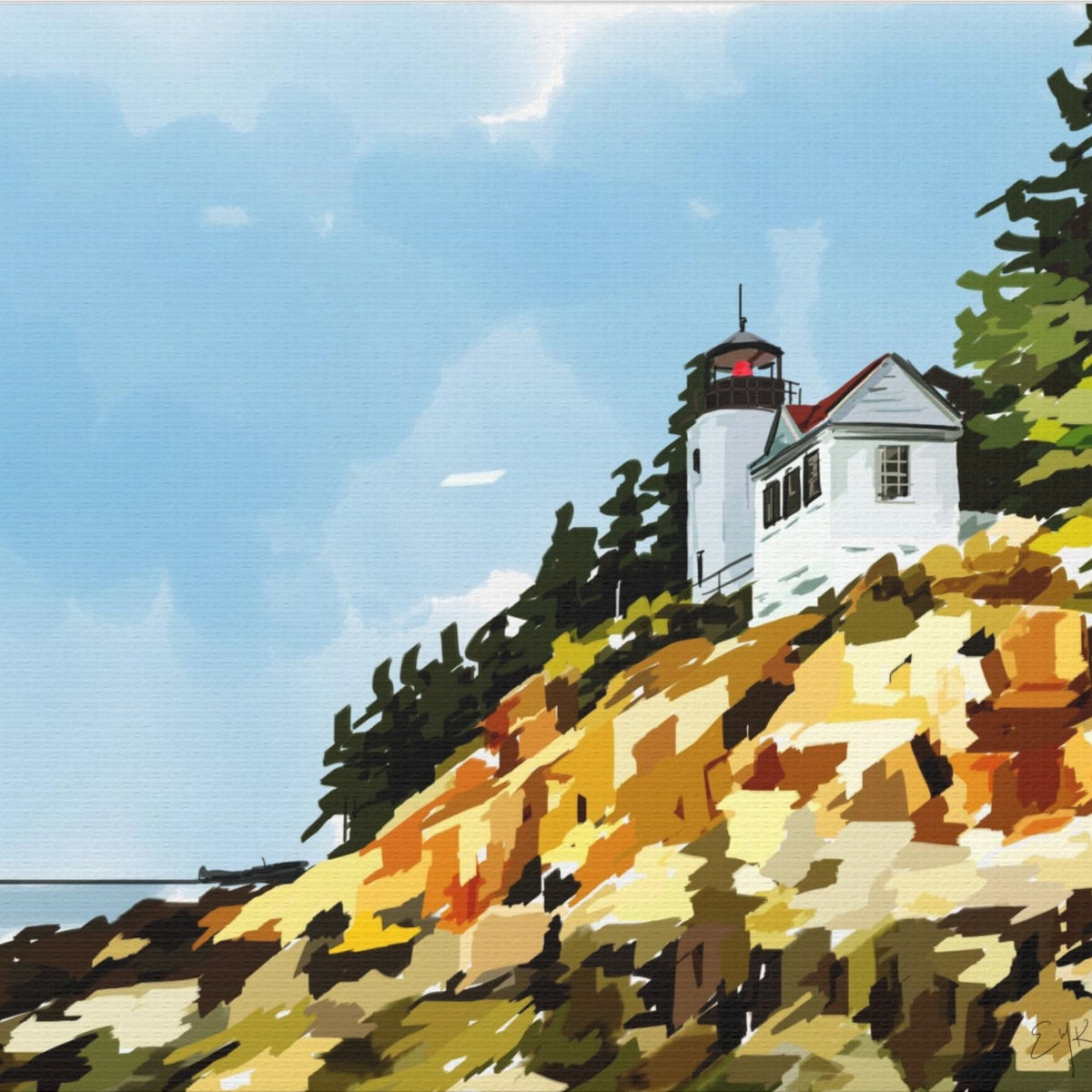 Lighthouse on a rocky cliff with trees against a blue sky