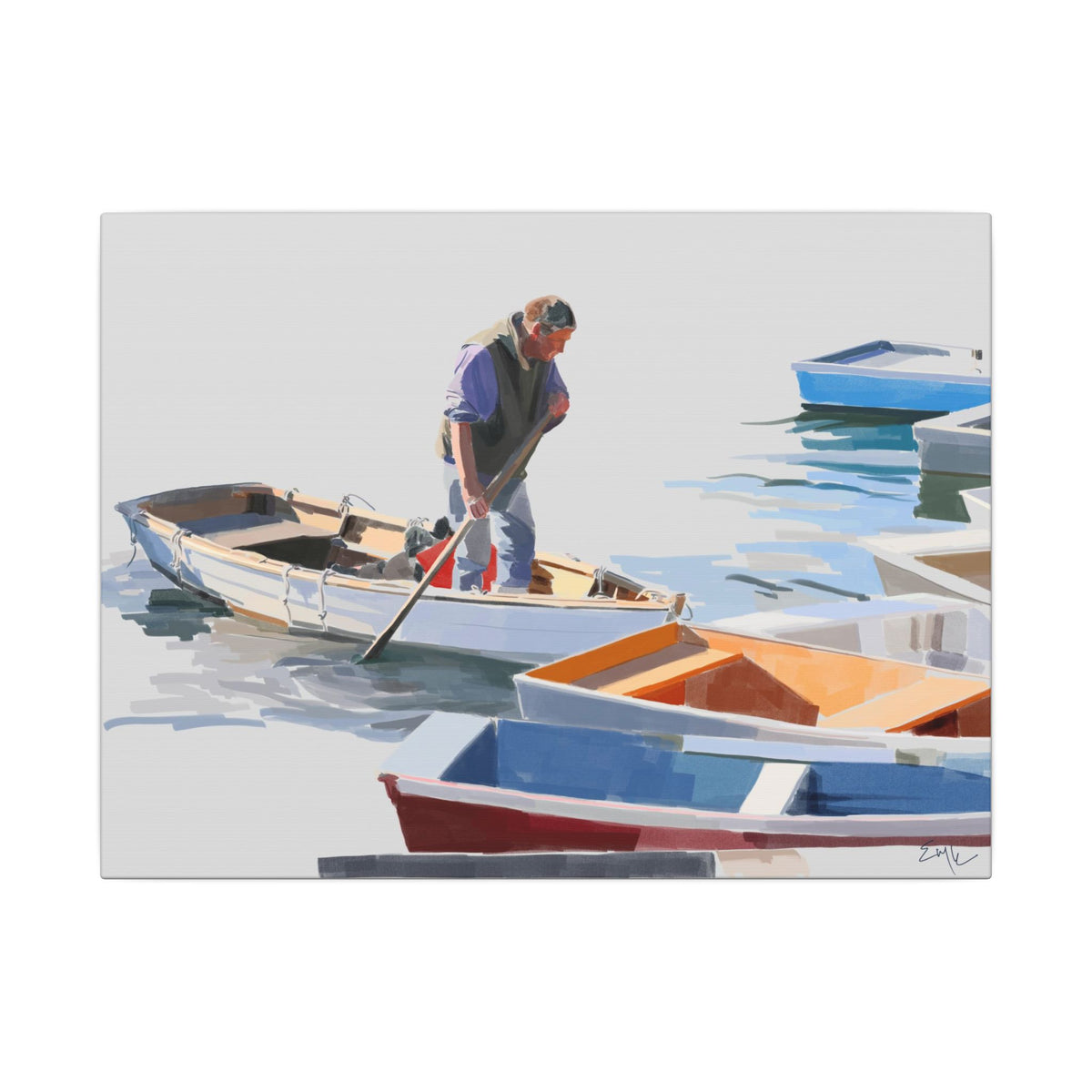 Painting of a man rowing a boat on a calm water surface with other boats in the background.