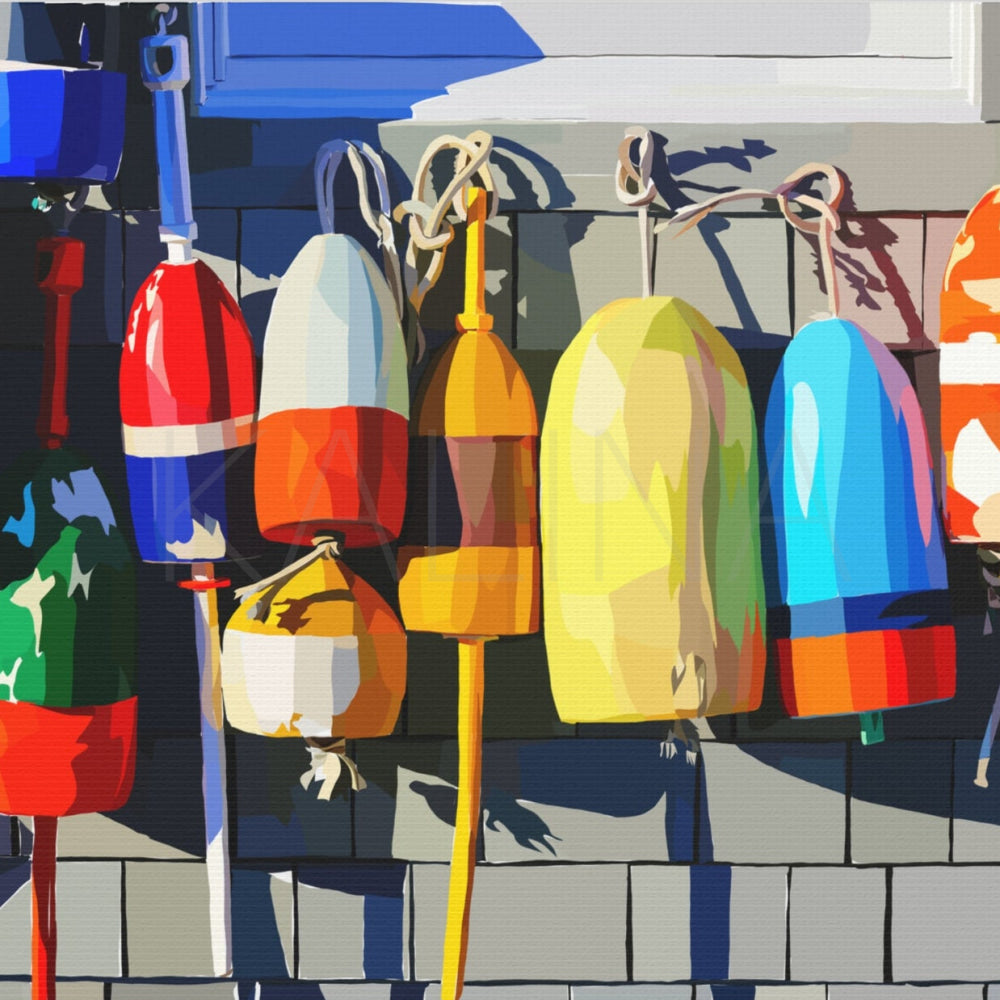 Colorful buoys hanging on a wall with a white background