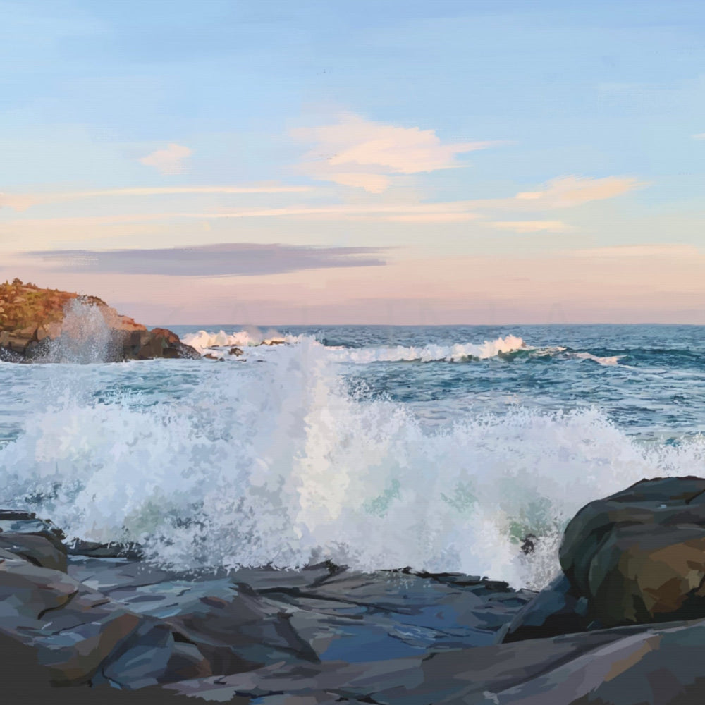 Ocean waves crashing against rocks with a clear sky