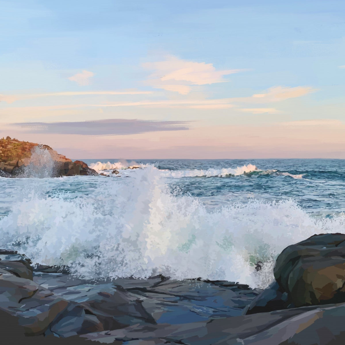 Ocean waves crashing against rocks with a clear sky