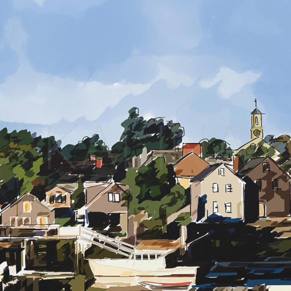 Painting of a coastal town with houses and boats on a clear day