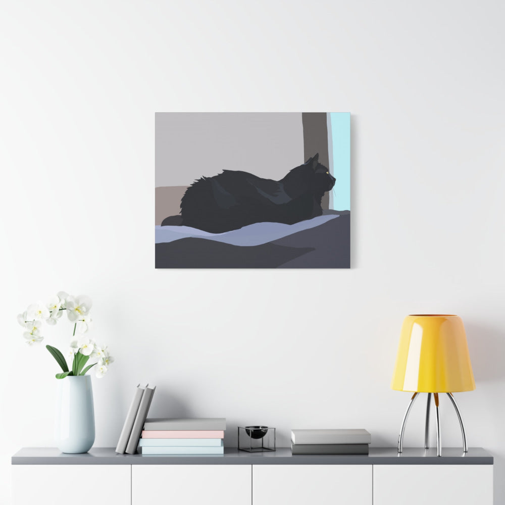 Canvas print of a black cat on a wall above a shelf with decor items.