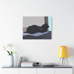 Canvas print of a black cat on a wall above a shelf with decor items.