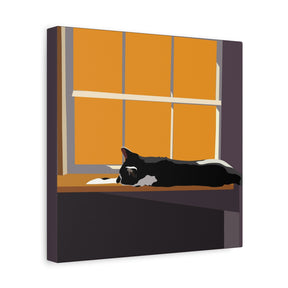 Illustration of a cat lying on a windowsill with orange curtains.