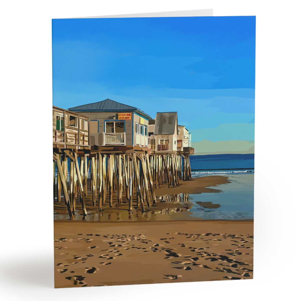 Greeting card with a beach scene featuring houses on stilts and a clear blue sky.