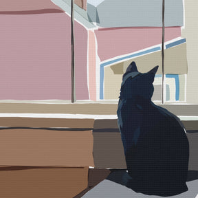 Cat sitting on a windowsill looking out at a colorful building reflection.