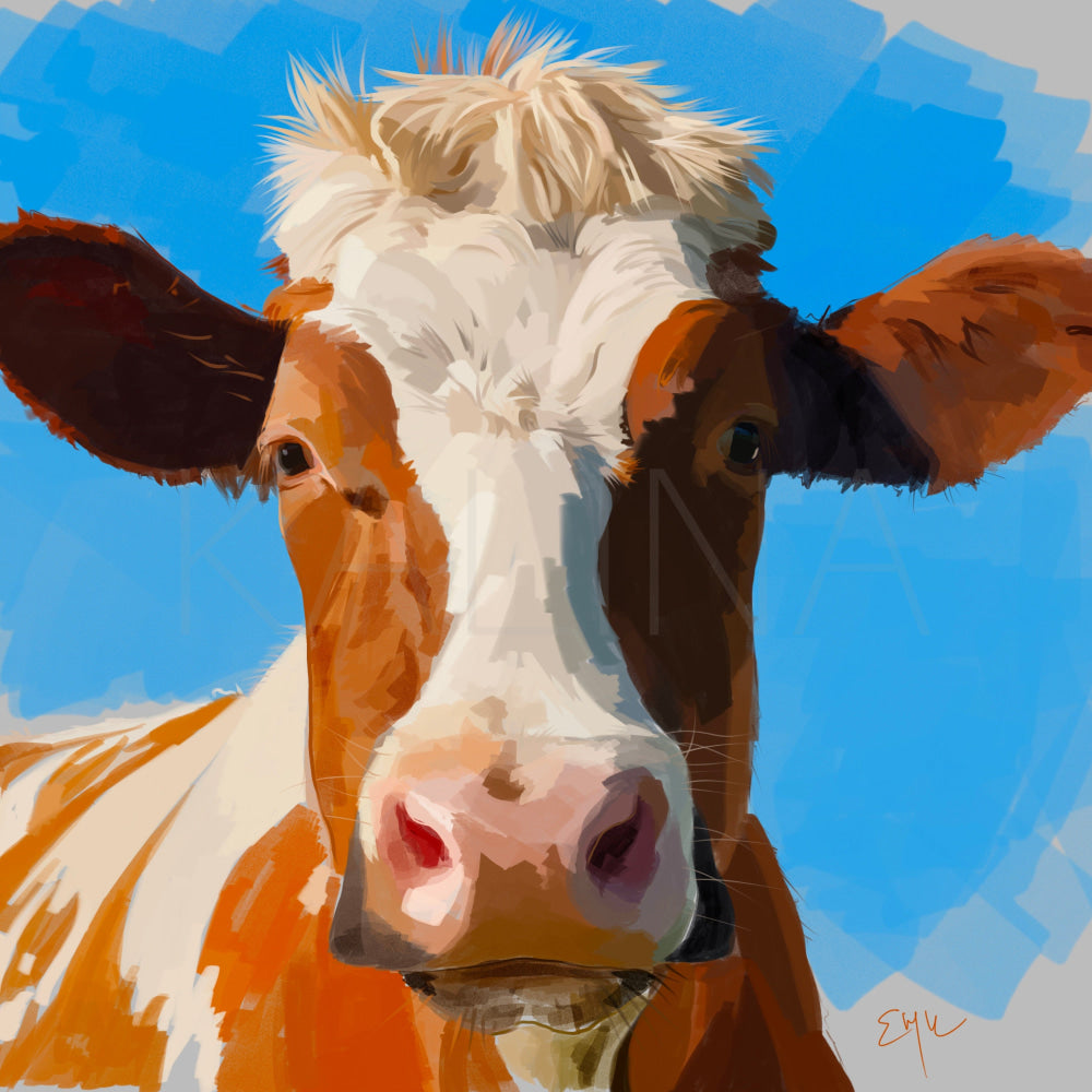 Digital painting of a confident brown and white cow set against a bright blue and orange backdrop. Arnold’s expressive eyes, tousled forelock, and vivid surroundings radiate personality, like a fashion-forward farm icon.