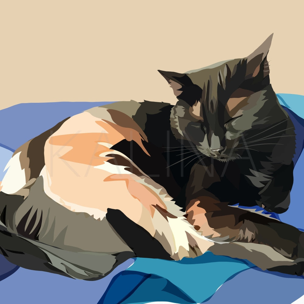 Digital painting of a black cat dozing peacefully — butt warming in the sun, the rest in shade to stay cool — on a blue quilt, one paw tucked beneath his chest. His rich black fur turns to orange and cream in the light — an ode to the quiet magic of cat naps.