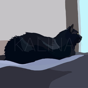 Illustration of a Black cat lying on a surface with a neutral background