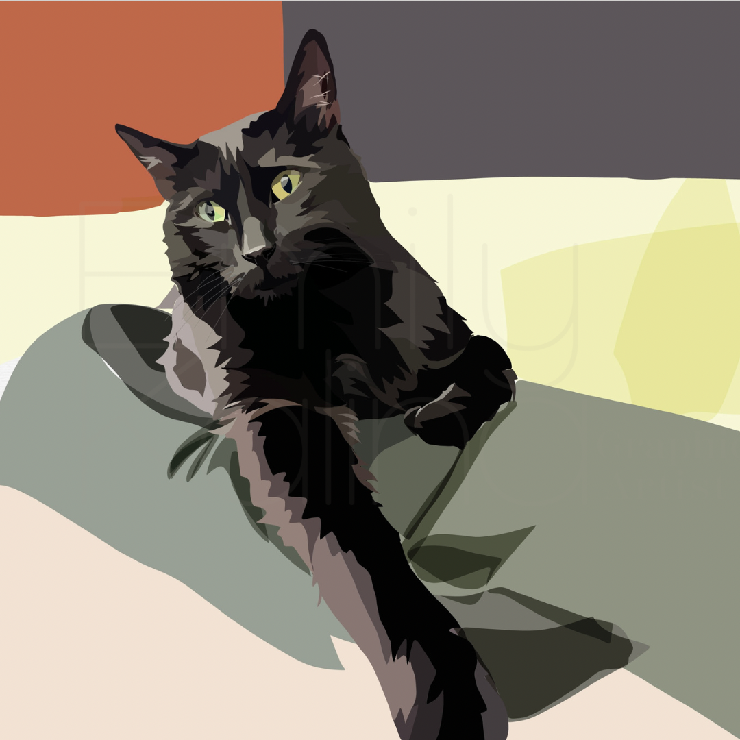 Modern digital painting of a black cat lounging on a color-blocked surface, with striking yellow-green eyes and a relaxed posture.
